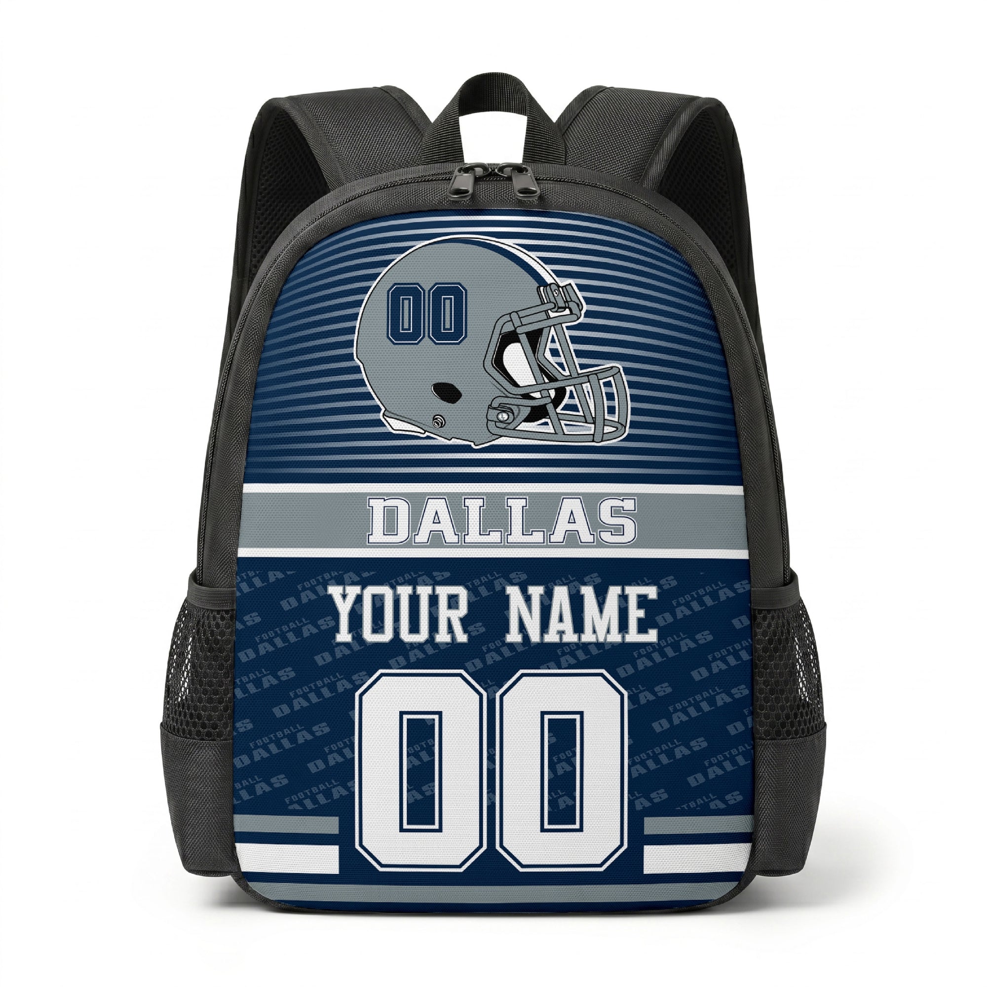 Dallas city color football backpack front view with helmet graphic