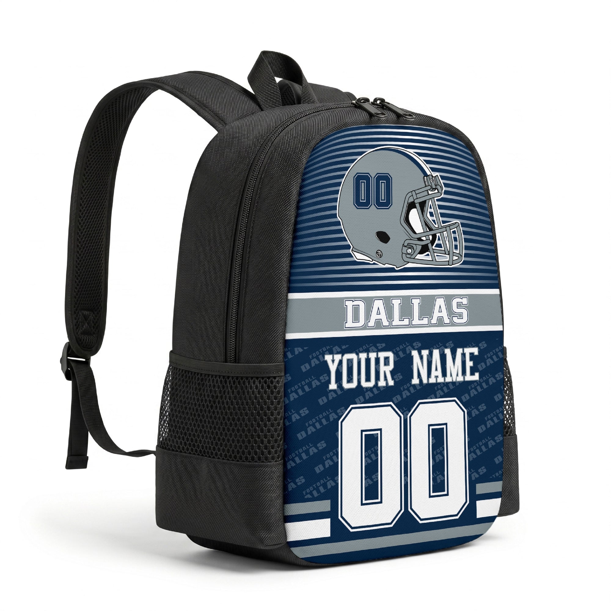 Dallas personalized football backpack angled view with black straps