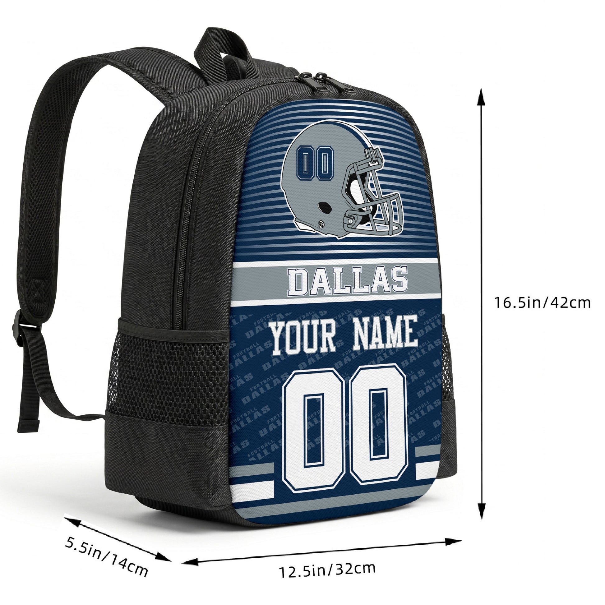 Dallas custom football backpack size chart 16.5 by 12.5 by 5.5 inches