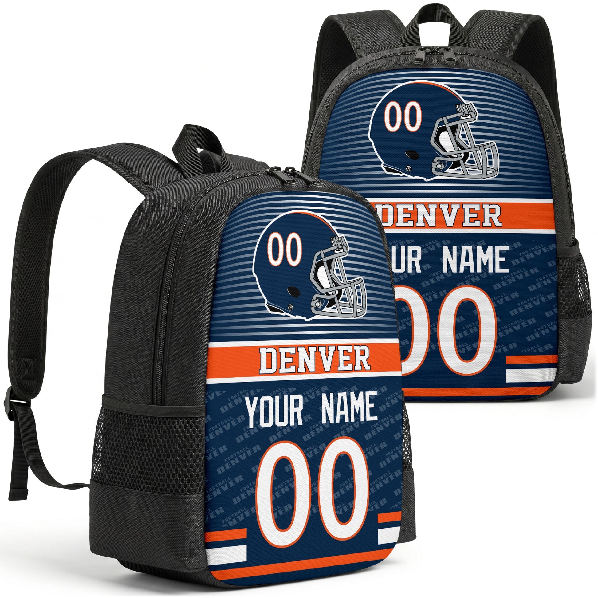 Custom football backpack in Denver city colors with name and number
