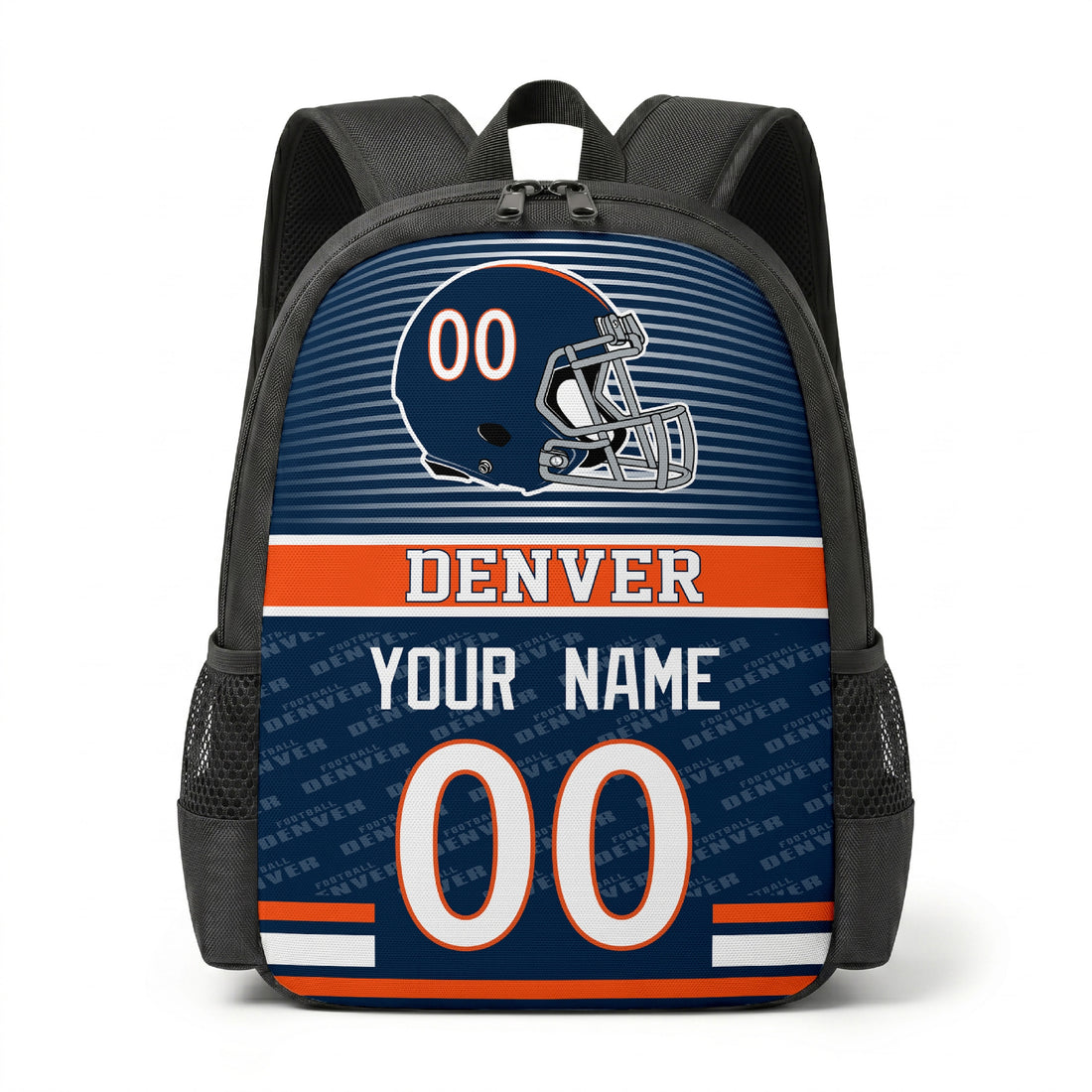 Custom football backpack in Denver city colors with name and number