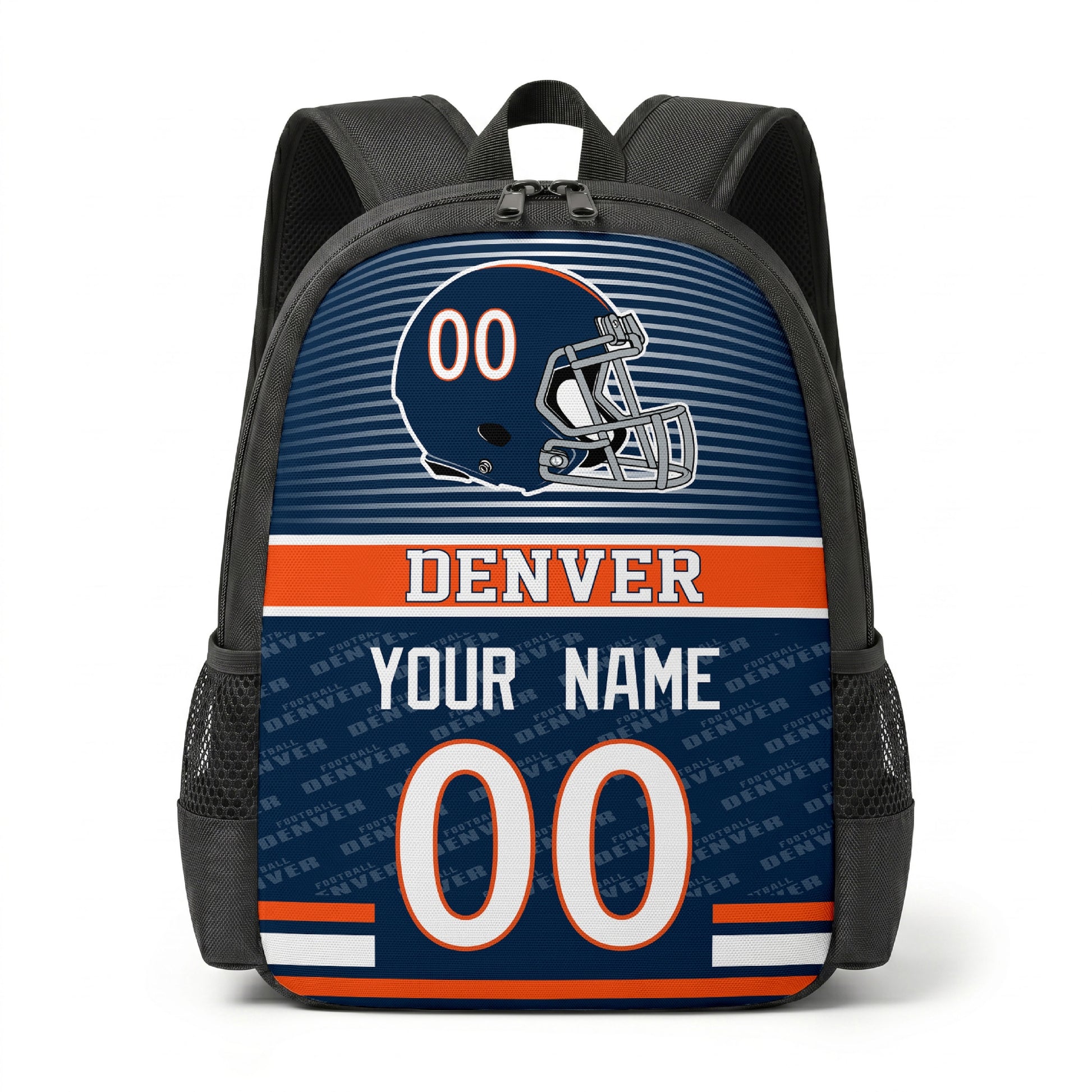 Denver city color football backpack front view with helmet graphic