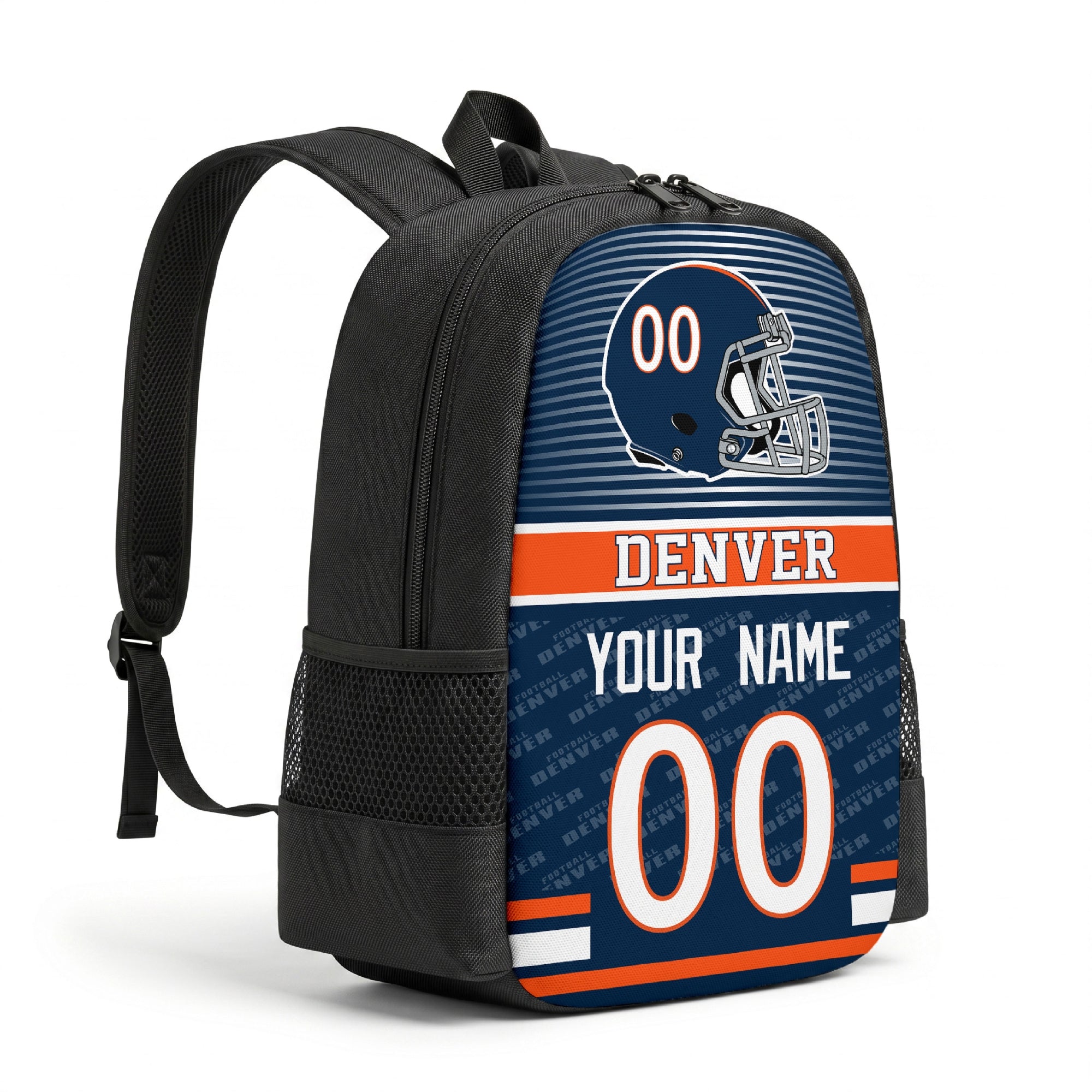 Denver personalized football backpack angled view with black straps