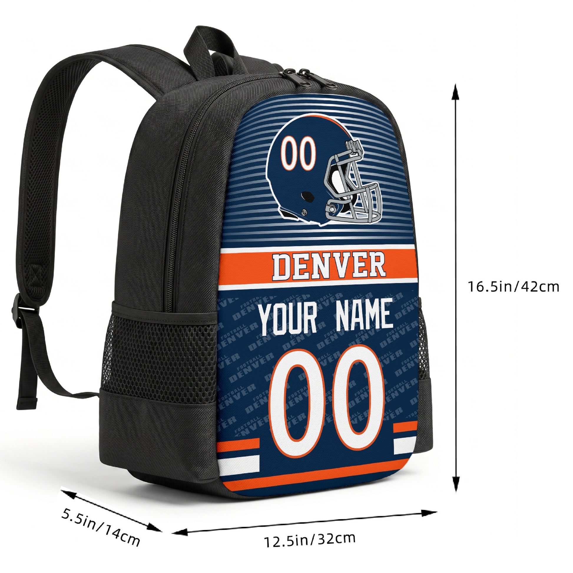 Denver custom football backpack size chart 16.5 by 12.5 by 5.5 inches