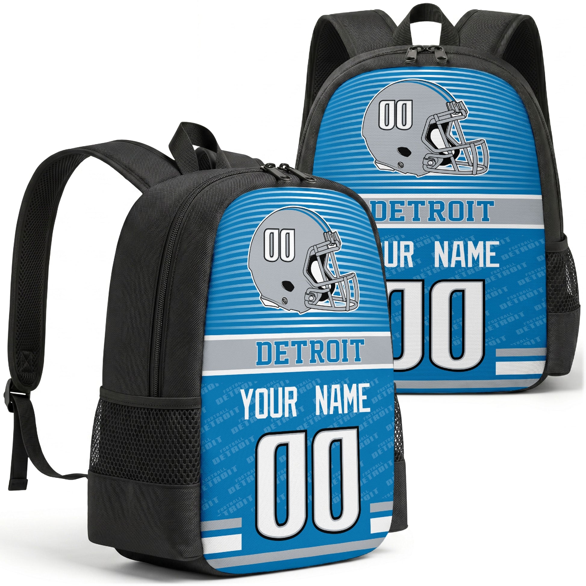 Custom football backpack in Detroit city colors with name and number