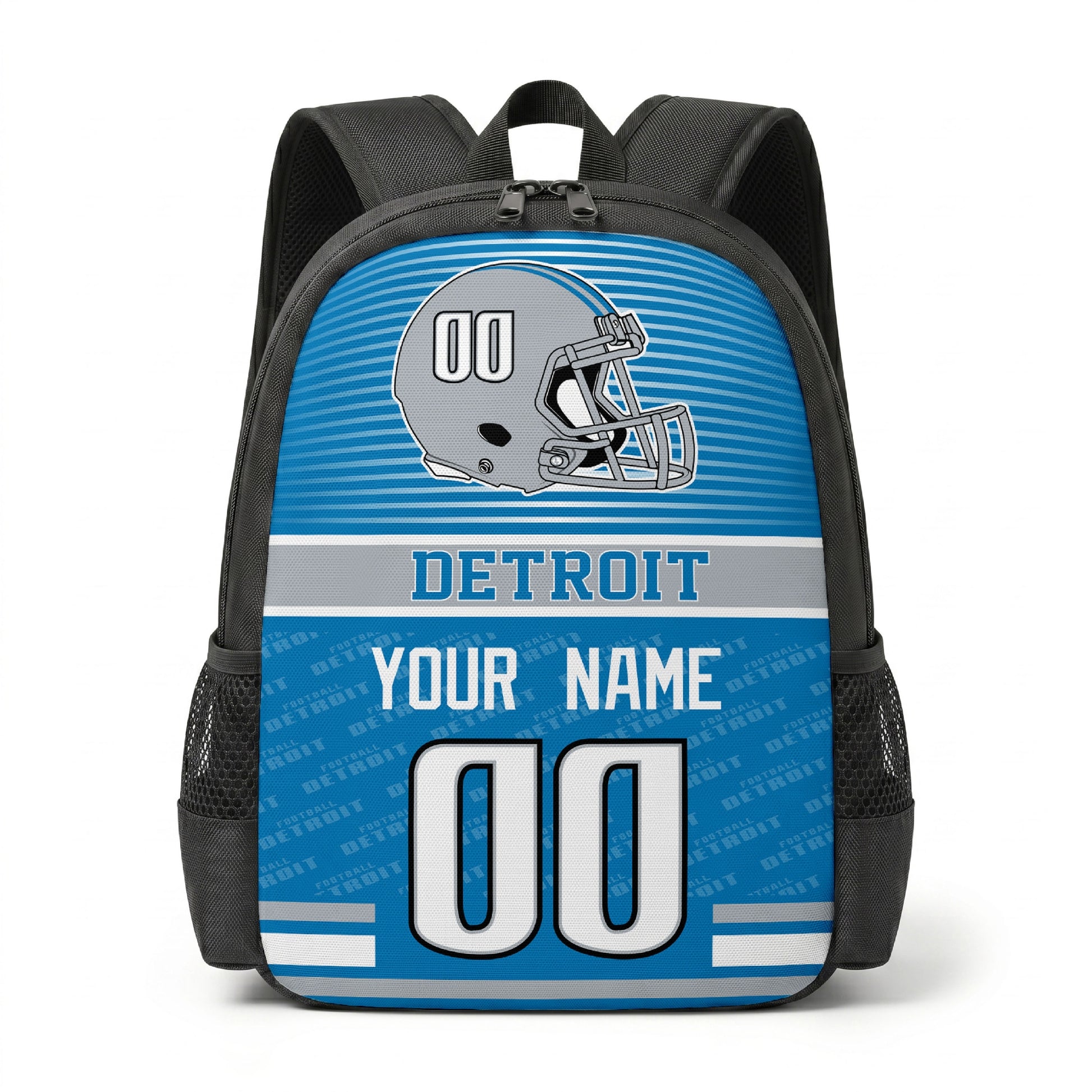 Detroit city color football backpack front view with helmet graphic