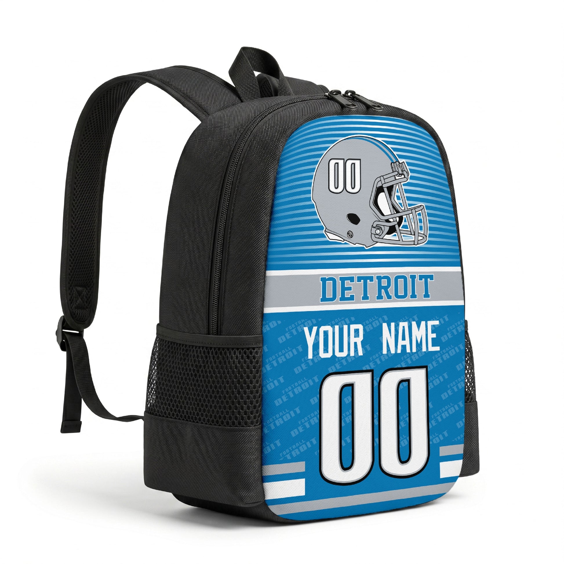 Detroit personalized football backpack angled view with black straps