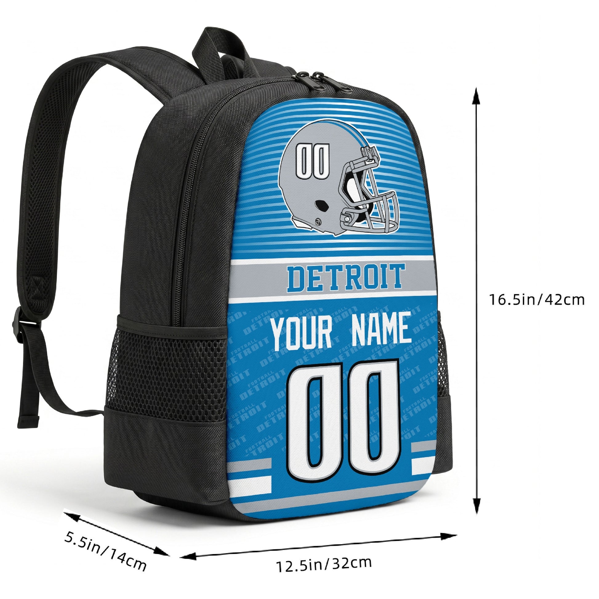 Detroit custom football backpack size chart 16.5 by 12.5 by 5.5 inches