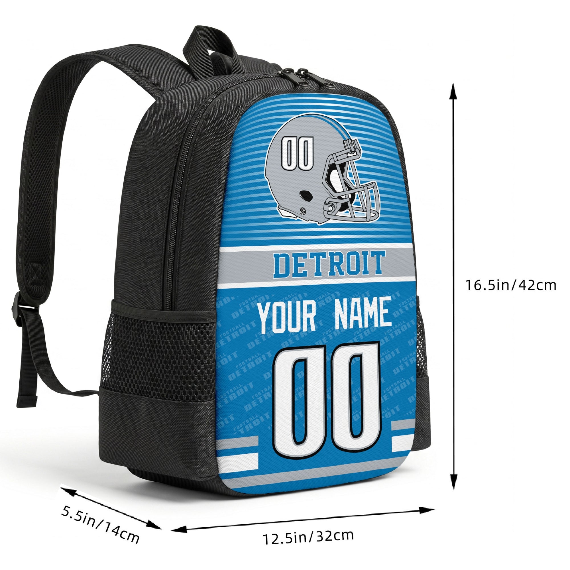 Detroit custom football backpack size chart 16.5 by 12.5 by 5.5 inches