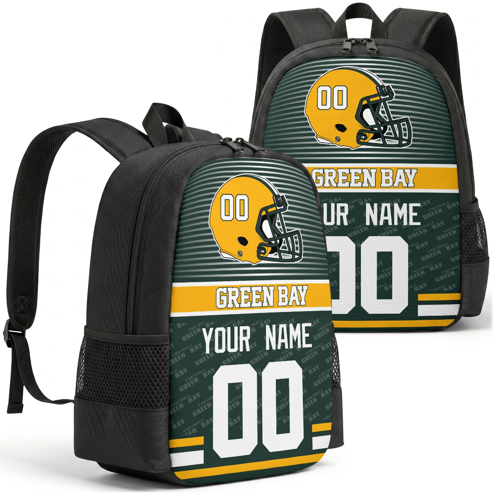 Custom football backpack in Green Bay city colors with name and number