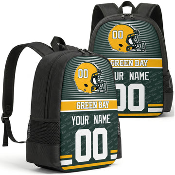 Custom football backpack in Green Bay city colors with name and number