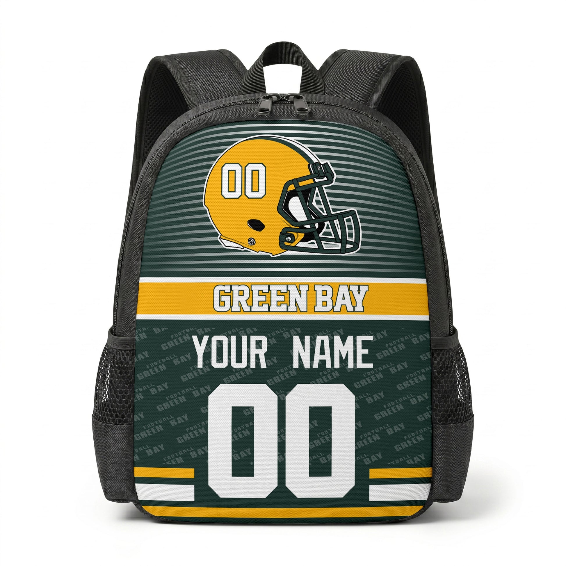 Green Bay city color football backpack front view with helmet graphic