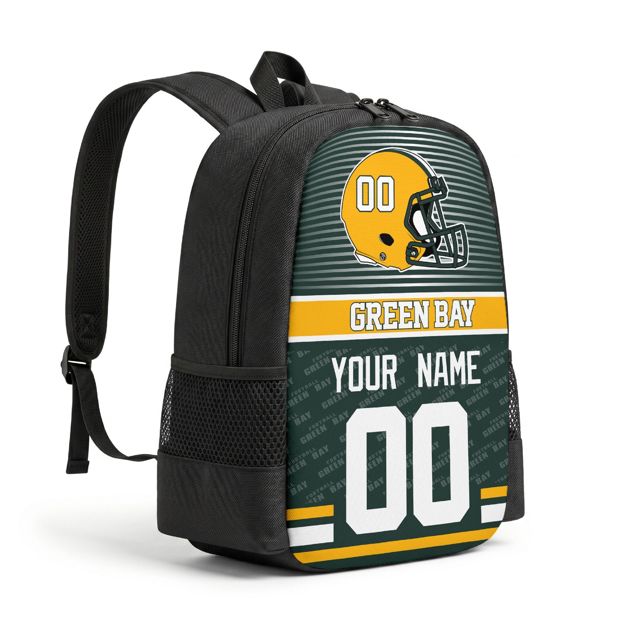 Green Bay personalized football backpack angled view with black straps