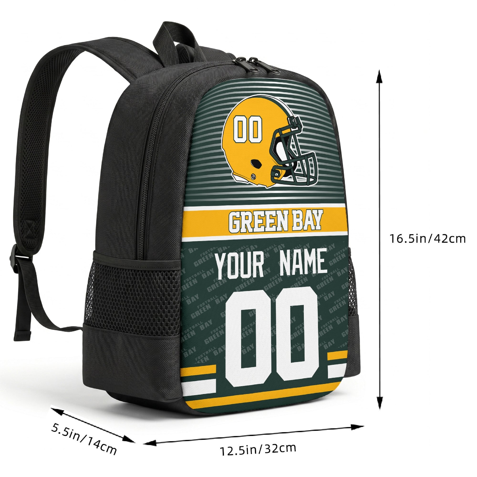 Green Bay custom football backpack size chart 16.5 by 12.5 by 5.5 inches