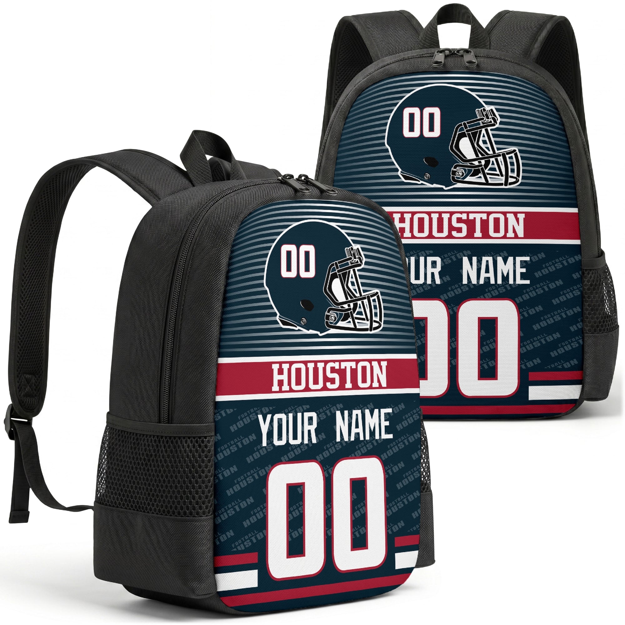 Custom football backpack in Houston city colors with name and number