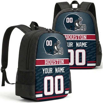 Custom football backpack in Houston city colors with name and number