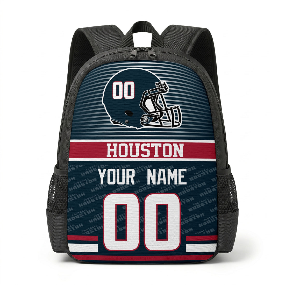 Custom football backpack in Houston city colors with name and number