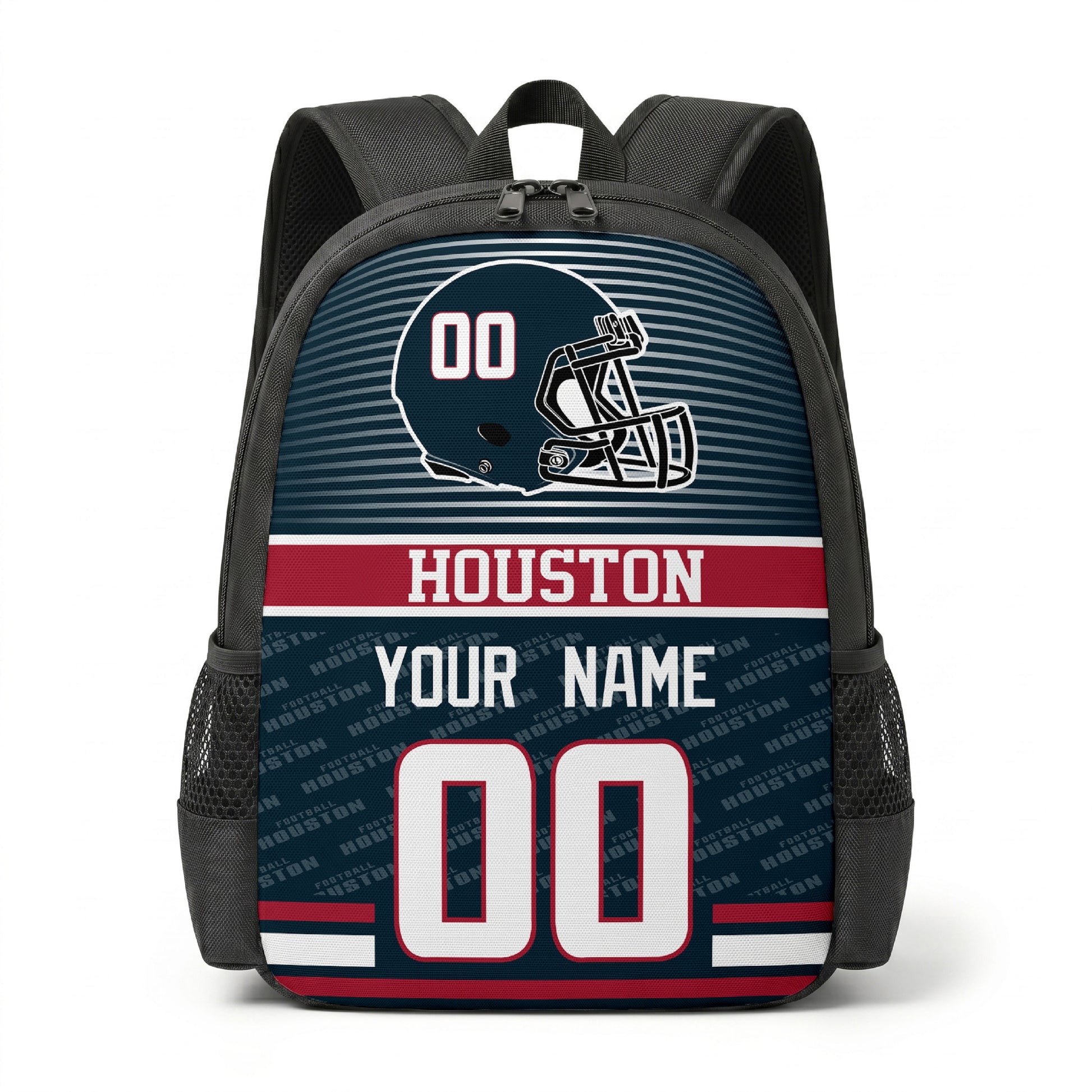 Houston city color football backpack front view with helmet graphic