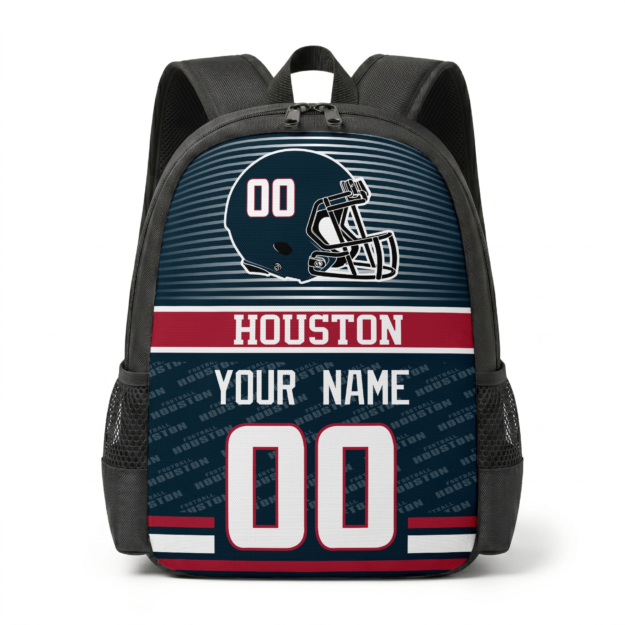 Houston city color football backpack front view with helmet graphic
