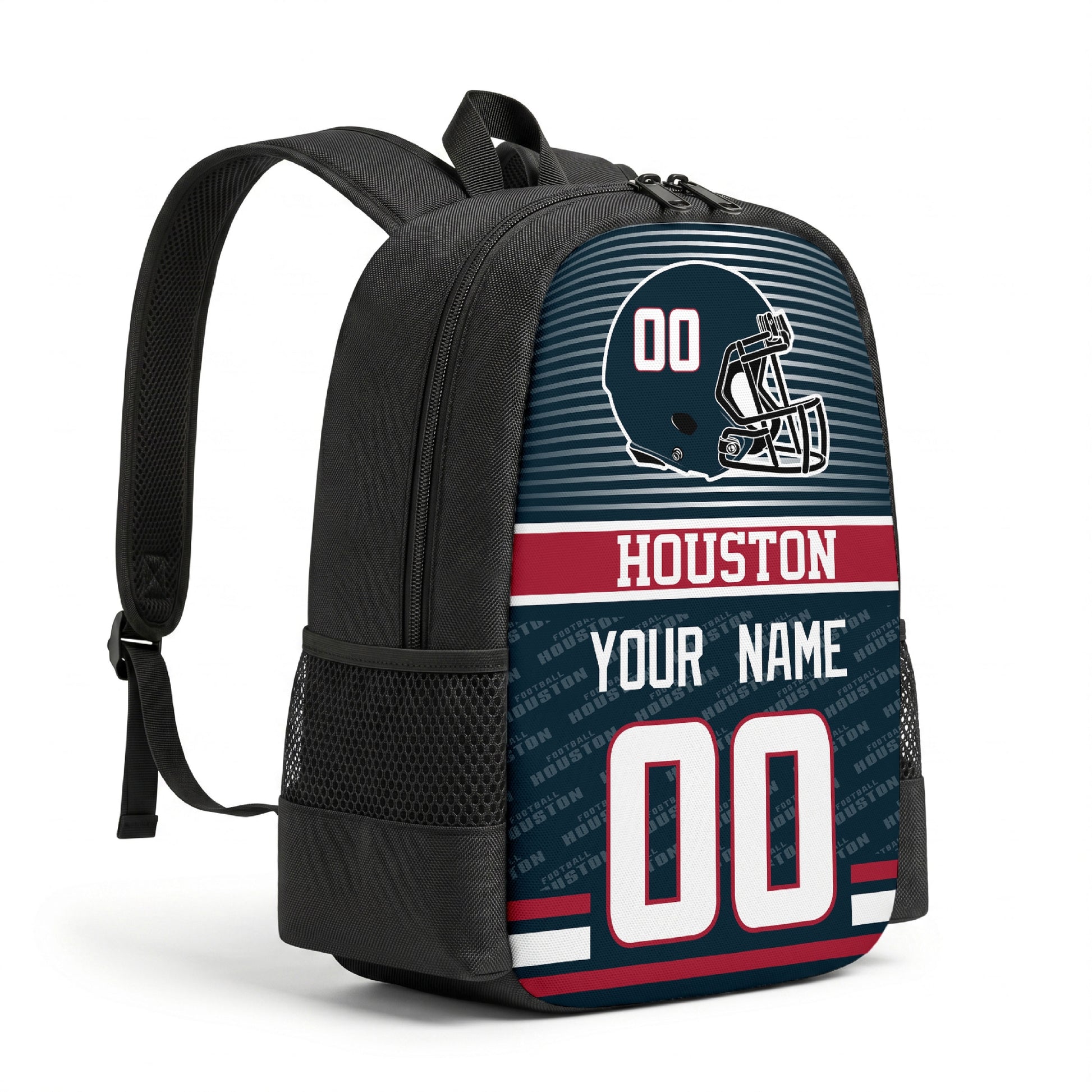 Houston personalized football backpack angled view with black straps