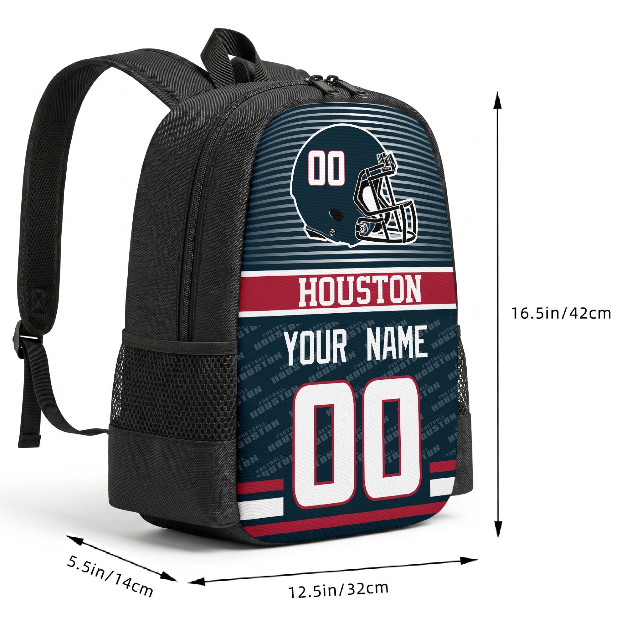 Houston custom football backpack size chart 16.5 by 12.5 by 5.5 inches