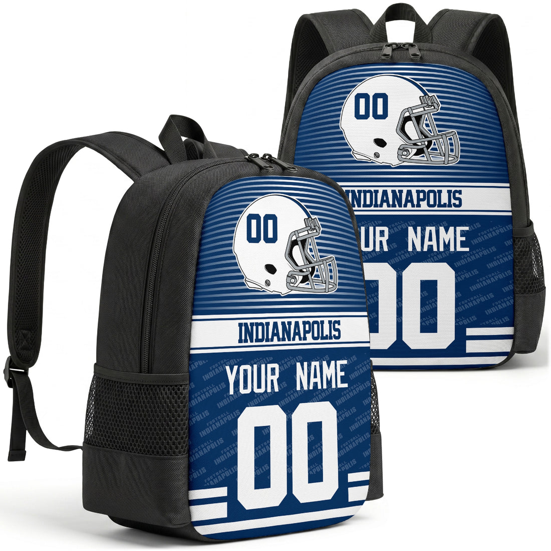 Custom football backpack in Indianapolis city colors with name and number