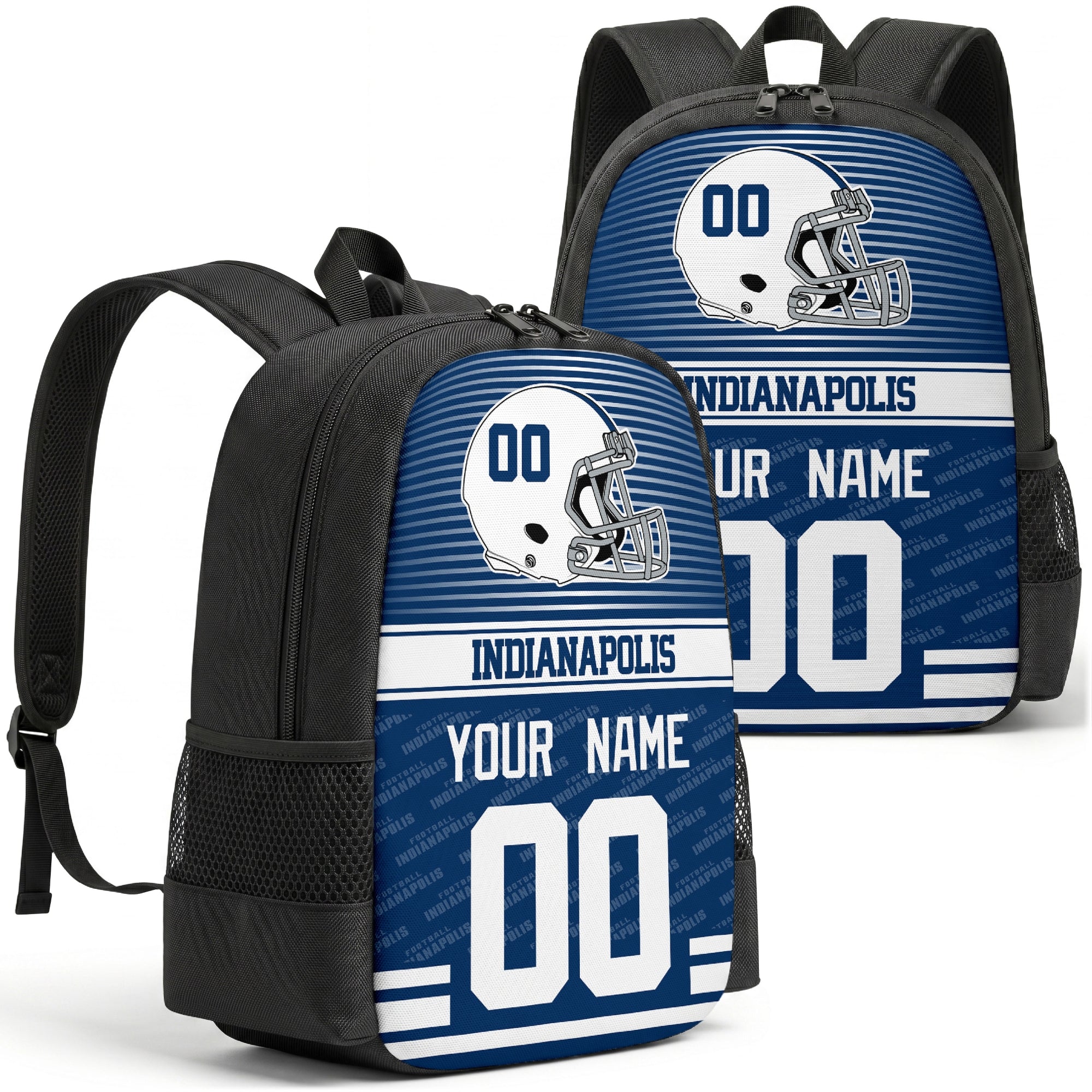 Custom football backpack in Indianapolis city colors with name and number