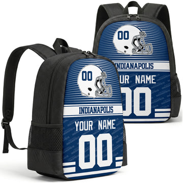 Custom football backpack in Indianapolis city colors with name and number