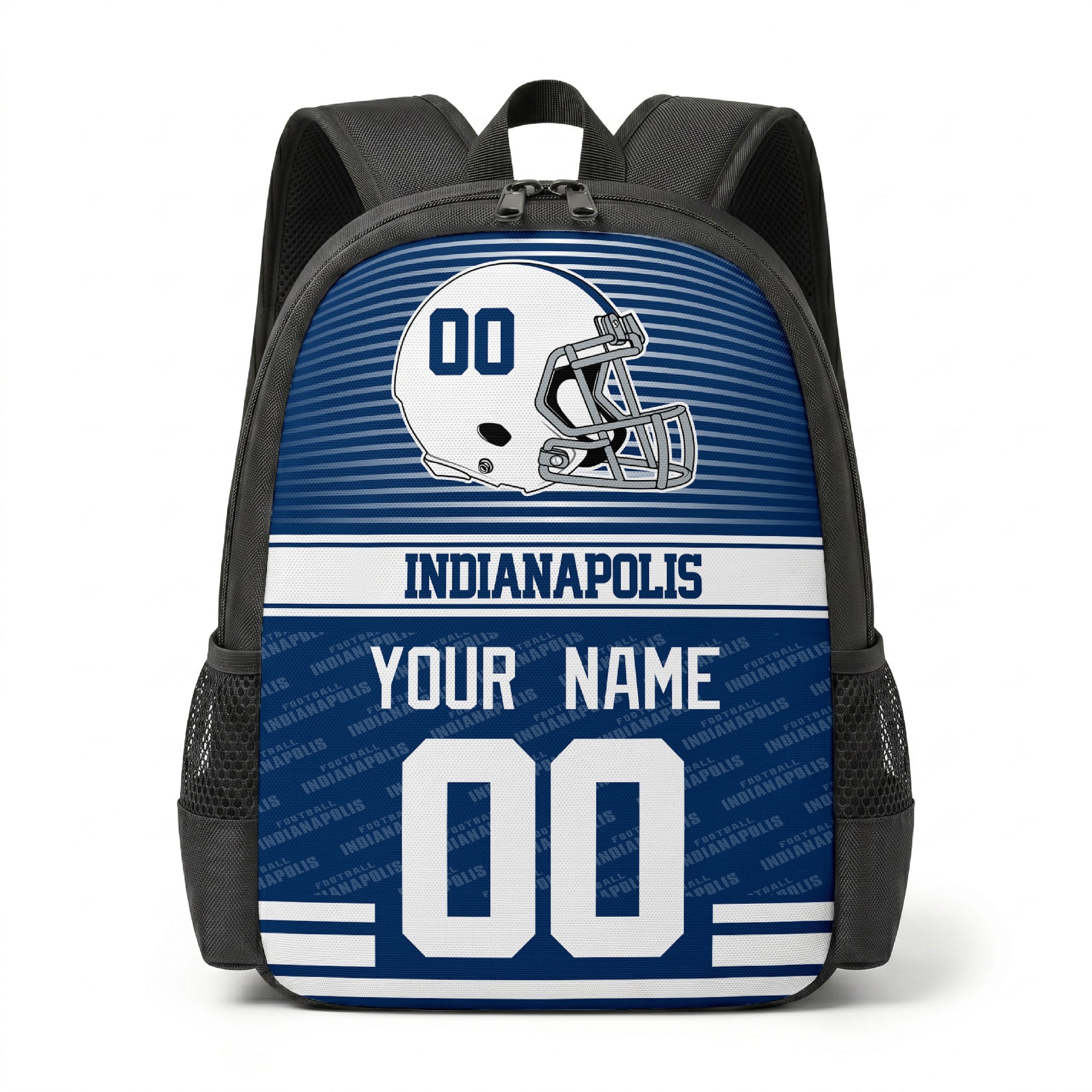 Indianapolis city color football backpack front view with helmet graphic