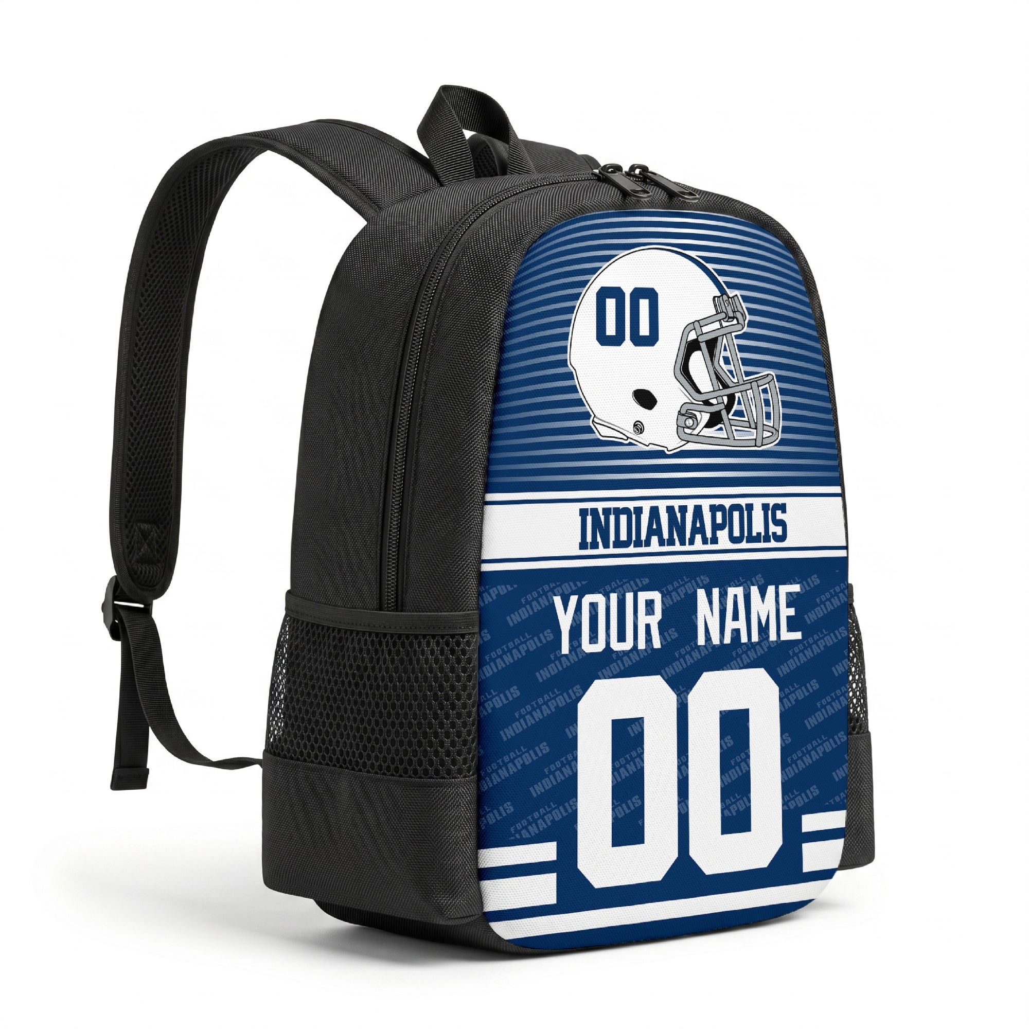 Indianapolis personalized football backpack angled view with black straps