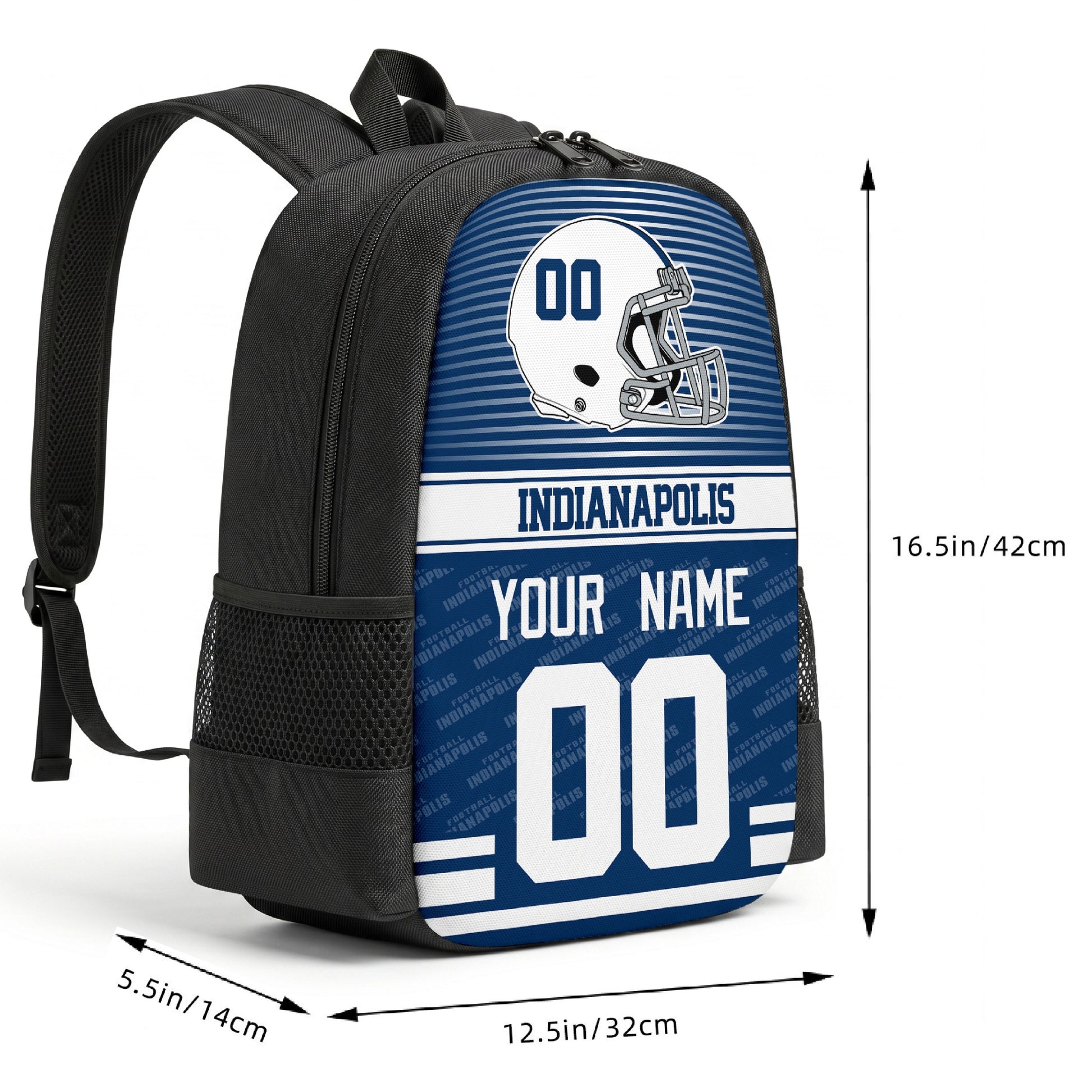 Indianapolis custom football backpack size chart 16.5 by 12.5 by 5.5 inches
