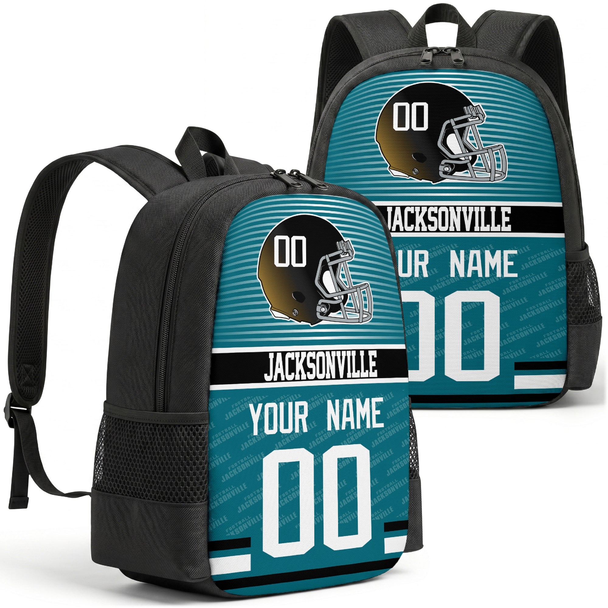 Custom football backpack in Jacksonville city colors with name and number