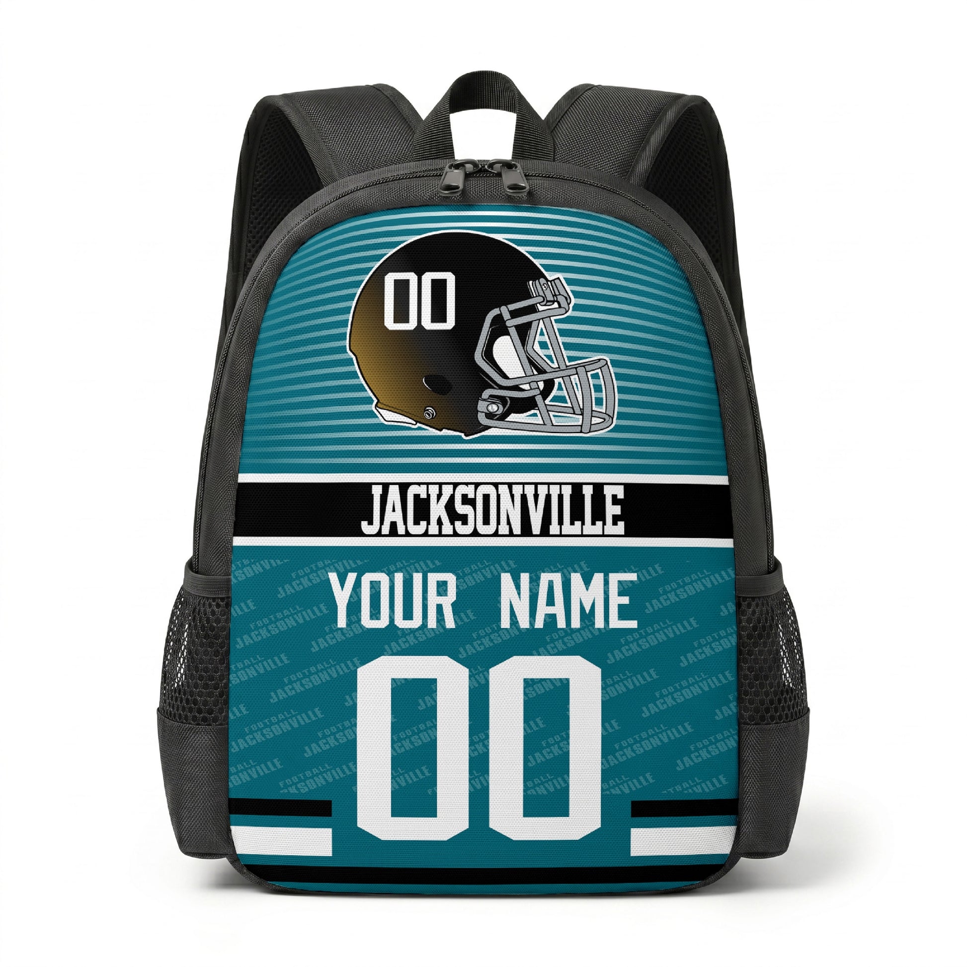 Jacksonville city color football backpack front view with helmet graphic