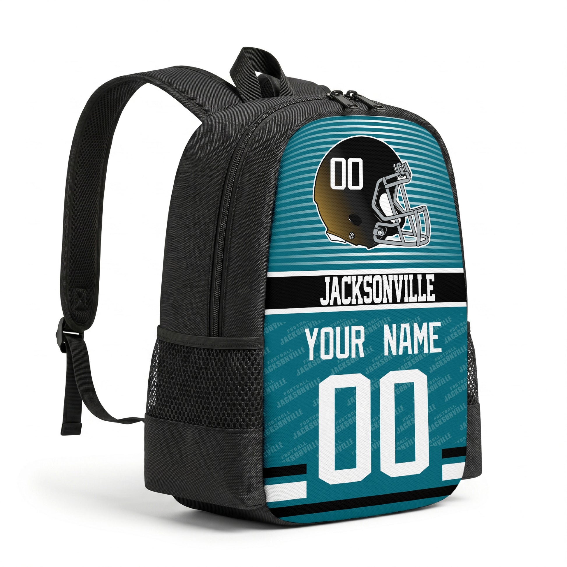 Jacksonville personalized football backpack angled view with black straps