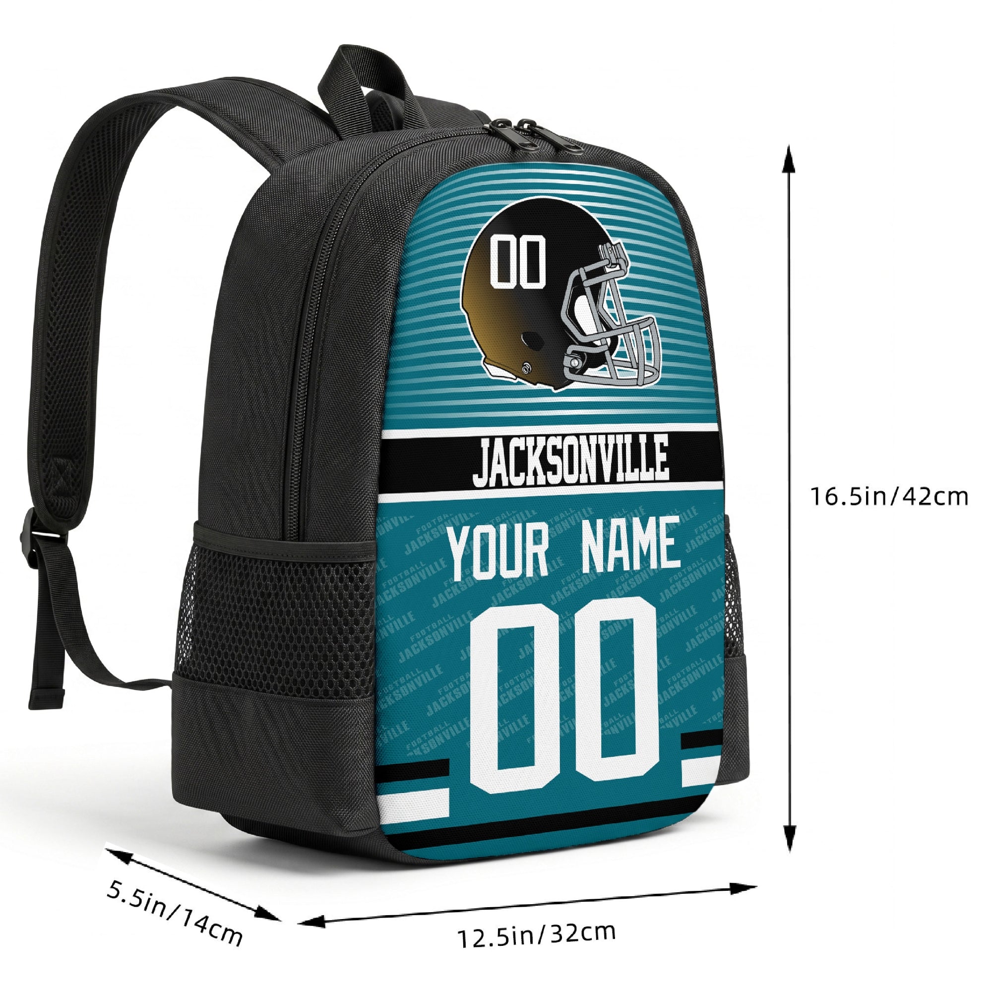 Jacksonville custom football backpack size chart 16.5 by 12.5 by 5.5 inches