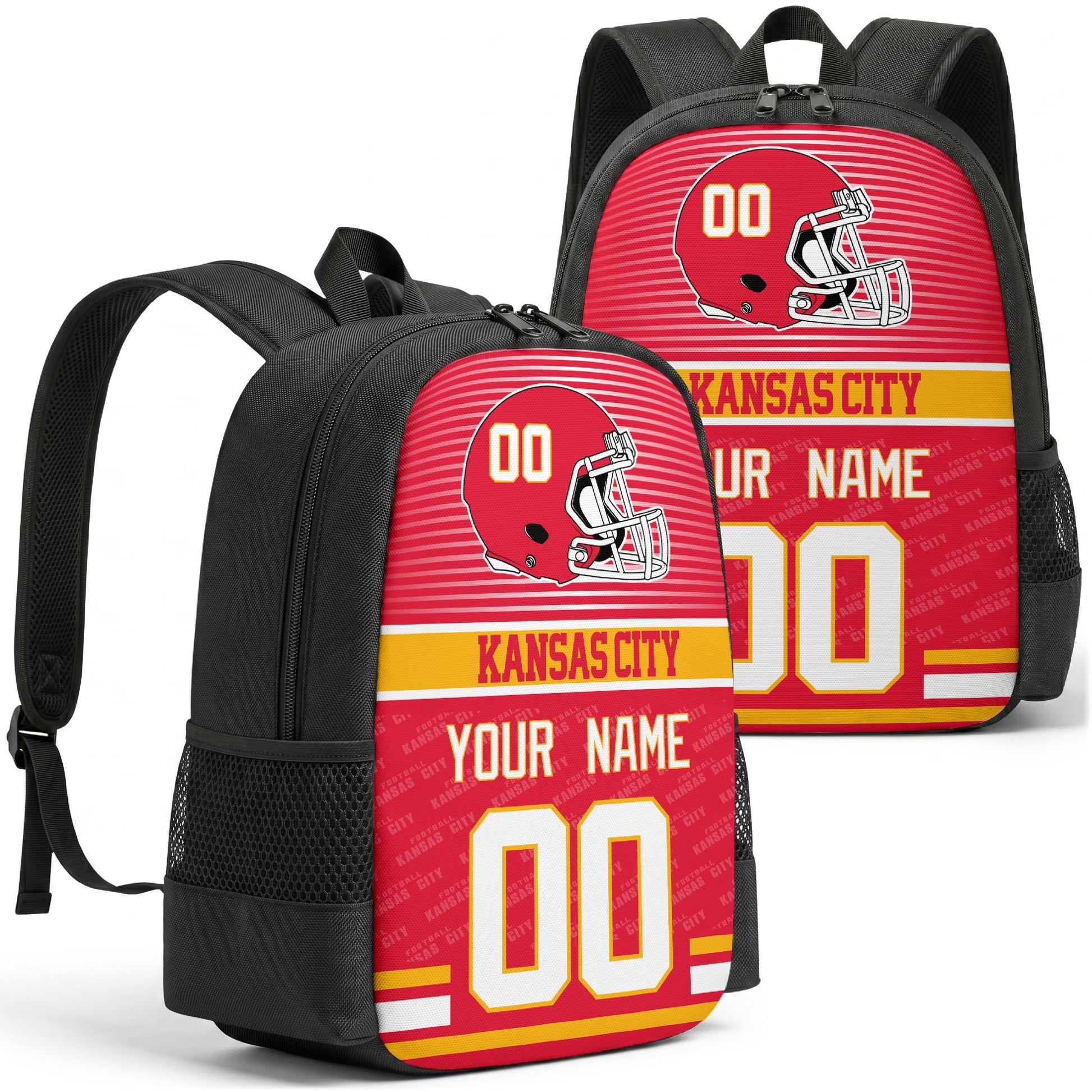 Custom football backpack in Kansas city colors with name and number