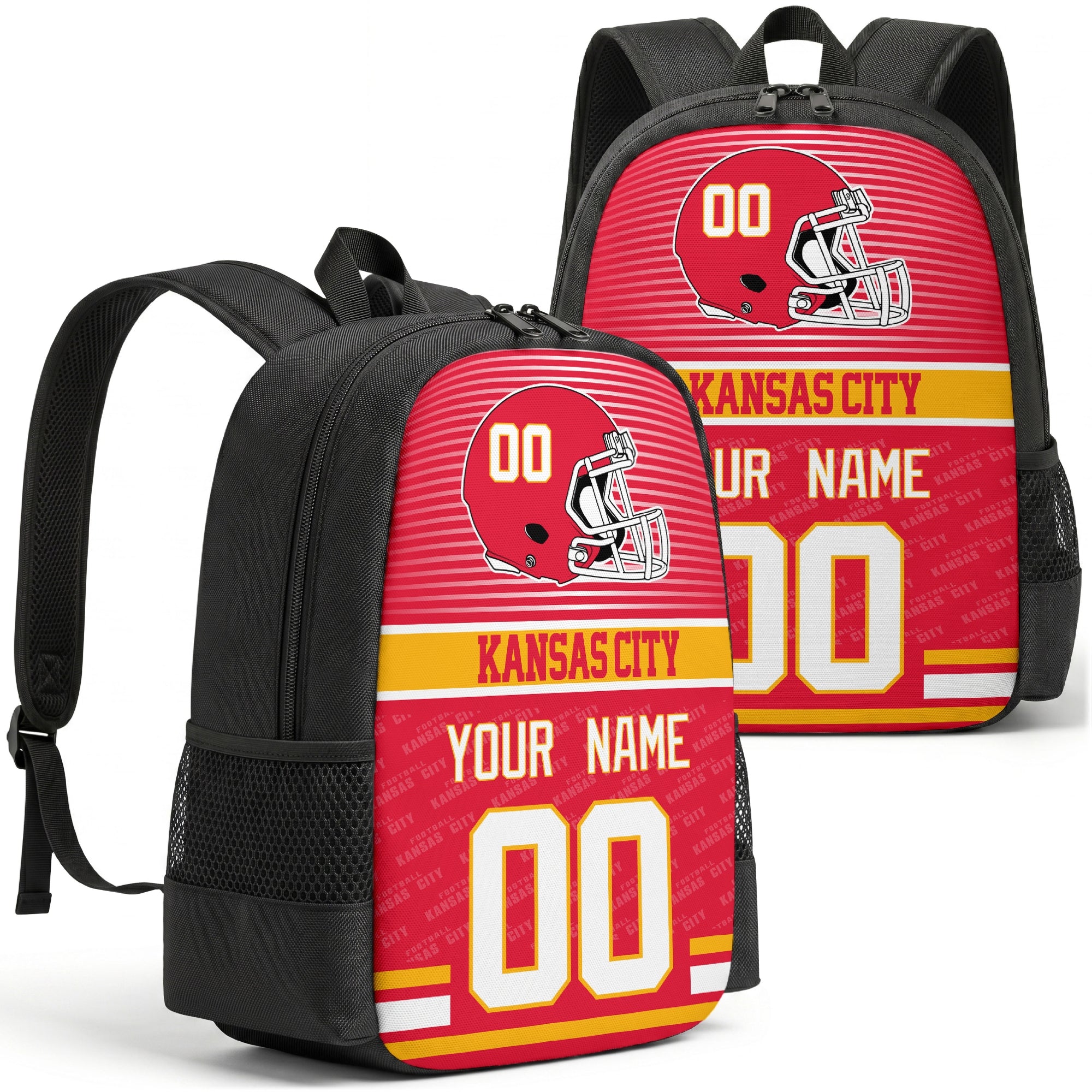 Custom football backpack in Kansas city colors with name and number