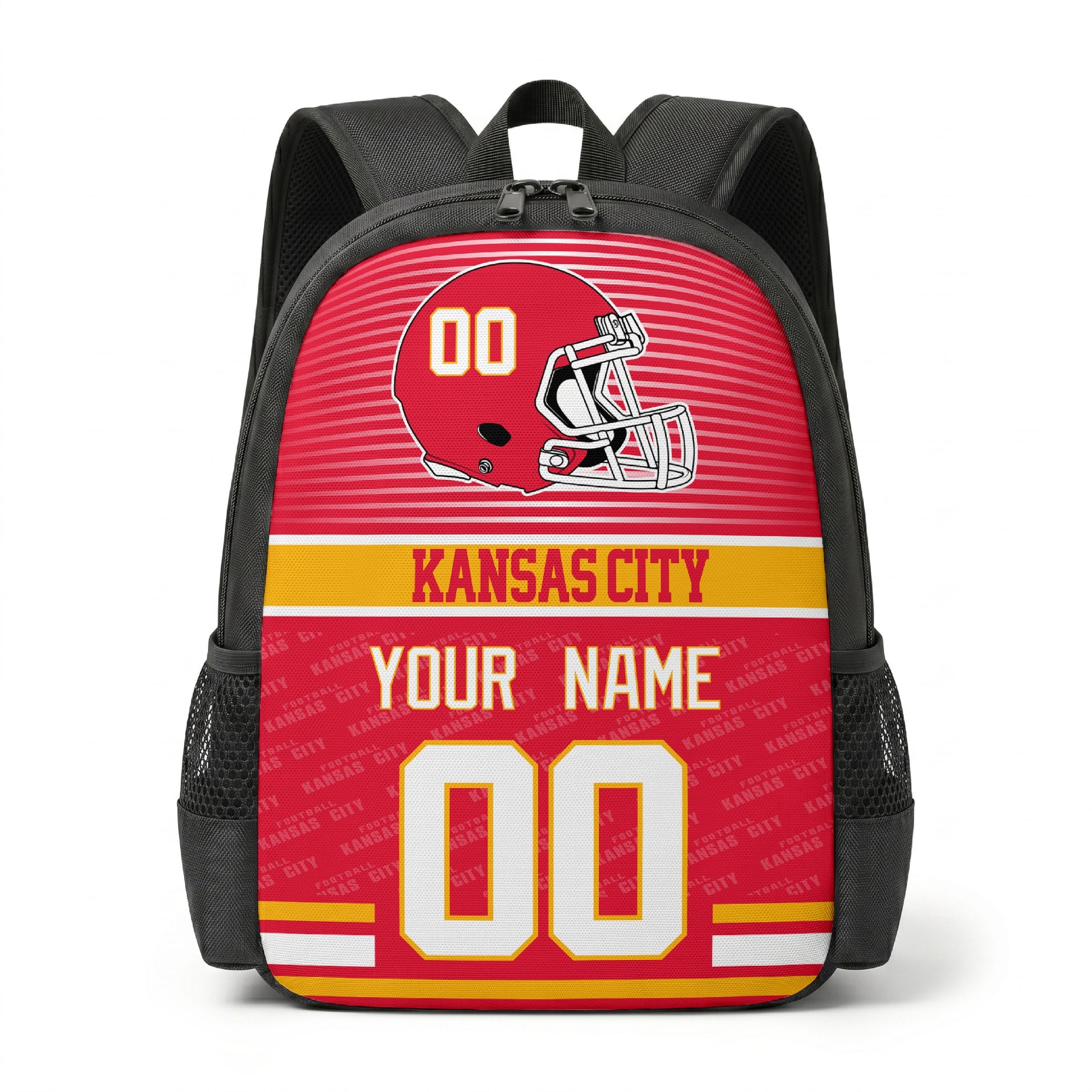 Kansas city color football backpack front view with helmet graphic