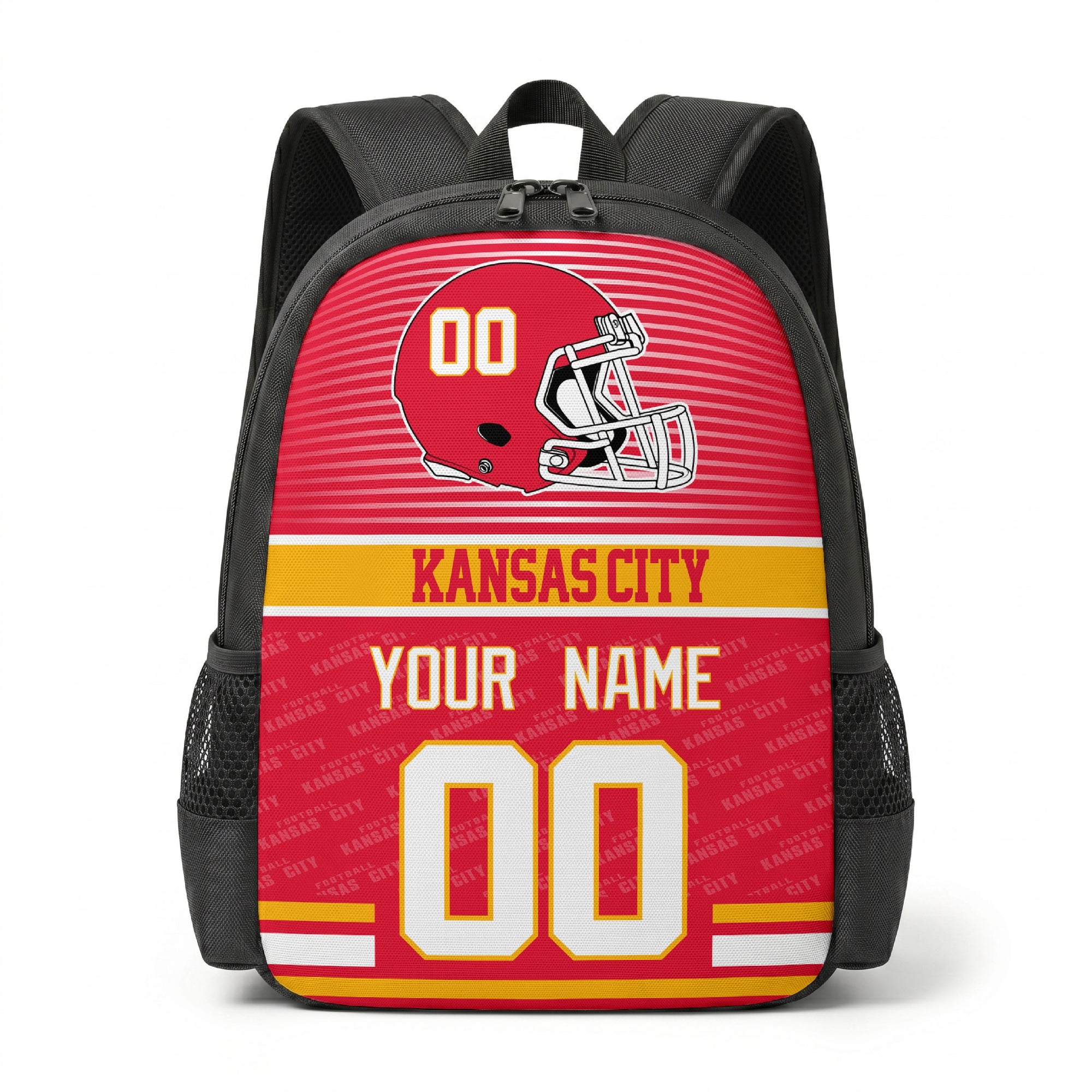 Kansas city color football backpack front view with helmet graphic