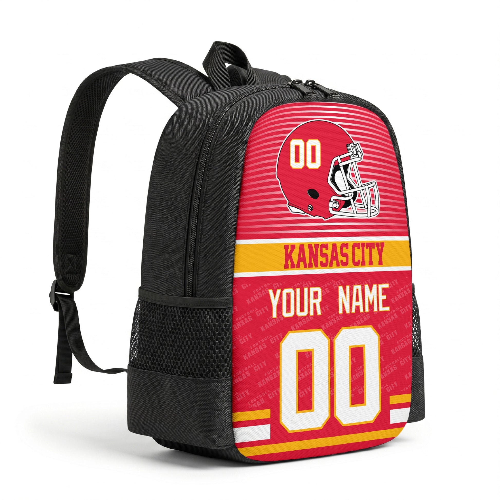 Kansas personalized football backpack angled view with black straps
