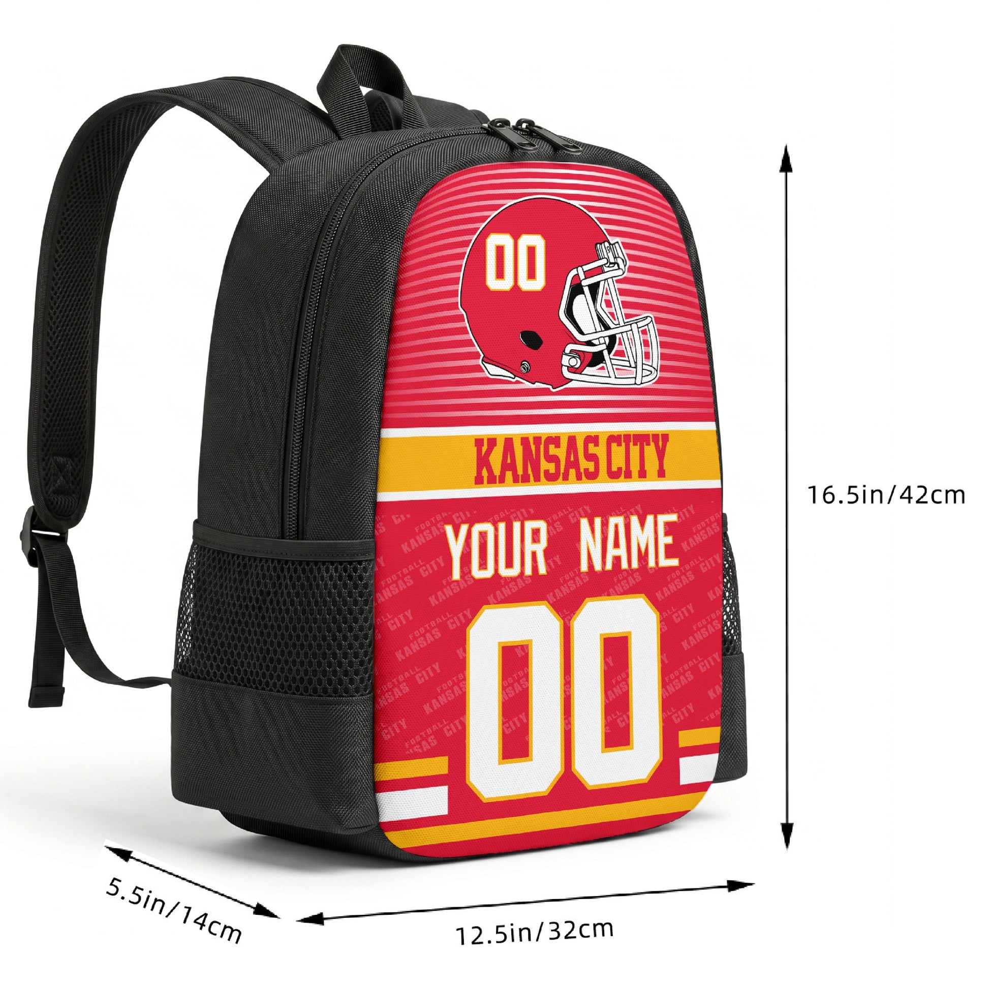 Kansas custom football backpack size chart 16.5 by 12.5 by 5.5 inches