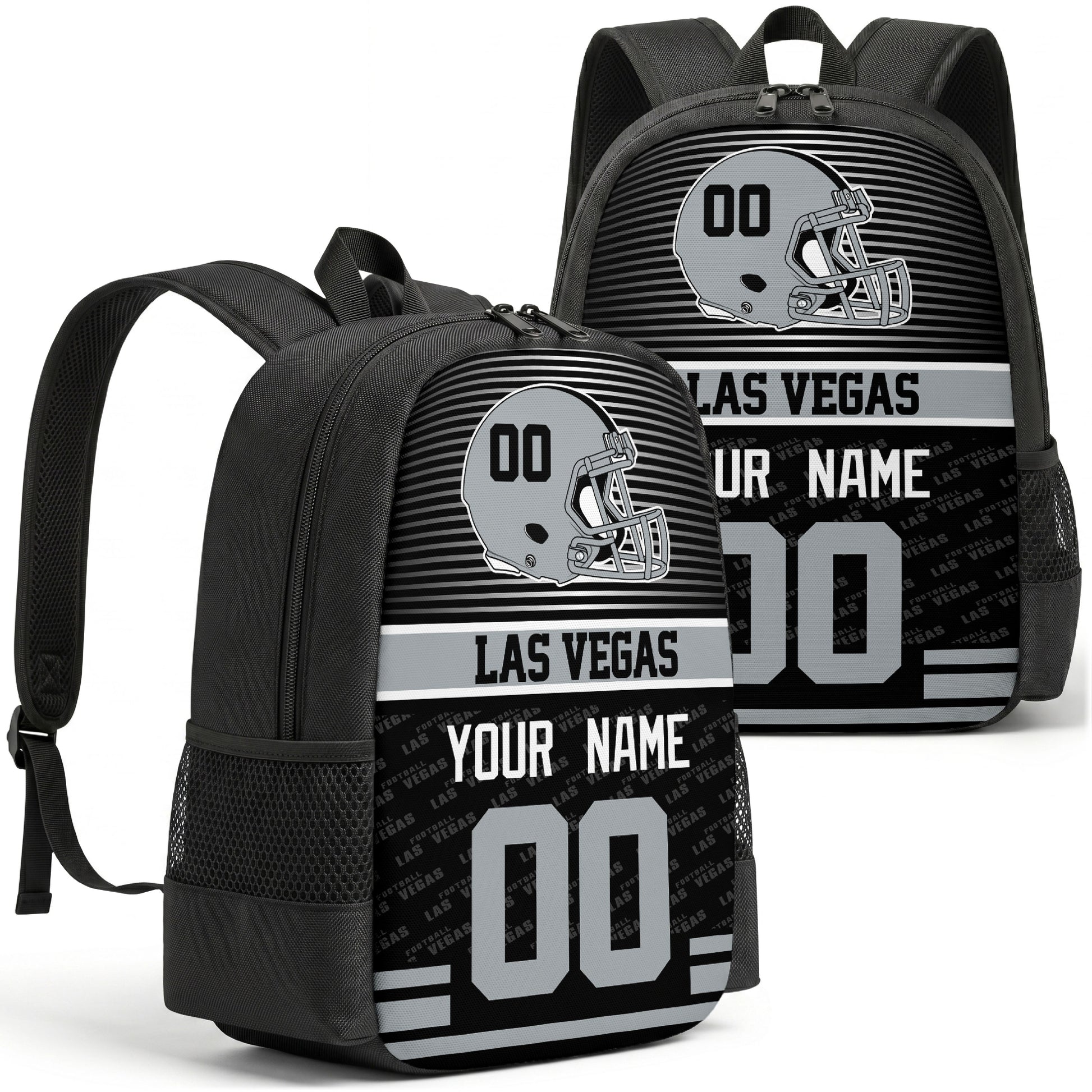 Custom football backpack in Las Vegas city colors with name and number