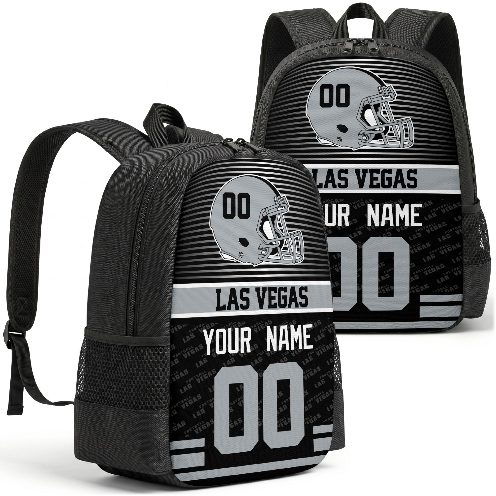 Custom football backpack in Las Vegas city colors with name and number