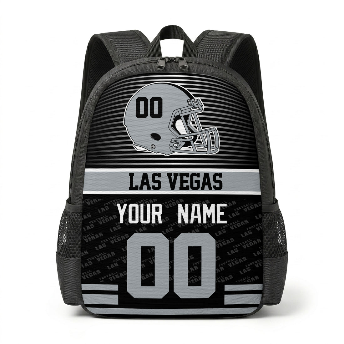 Custom football backpack in Las Vegas city colors with name and number
