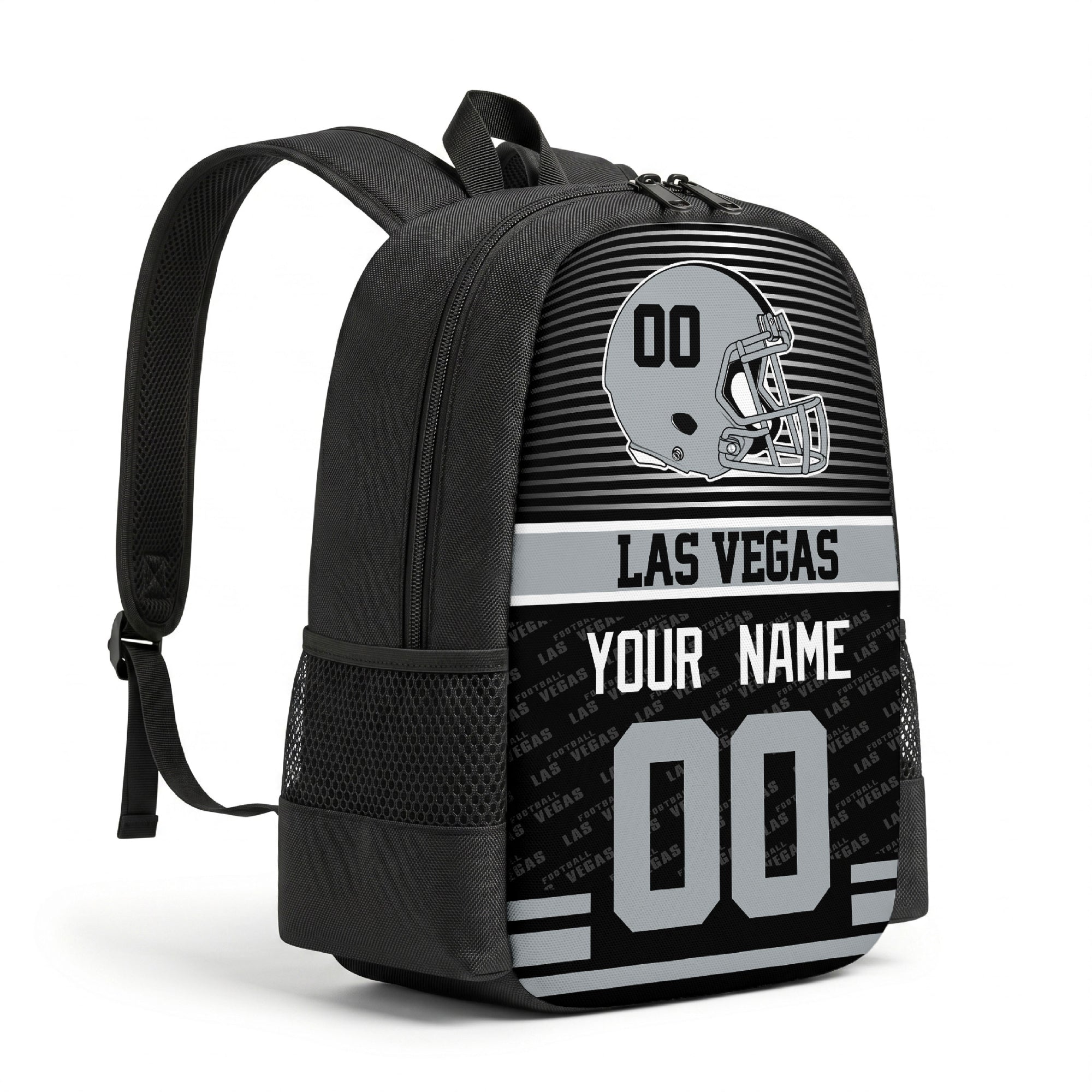Las Vegas personalized football backpack angled view with black straps