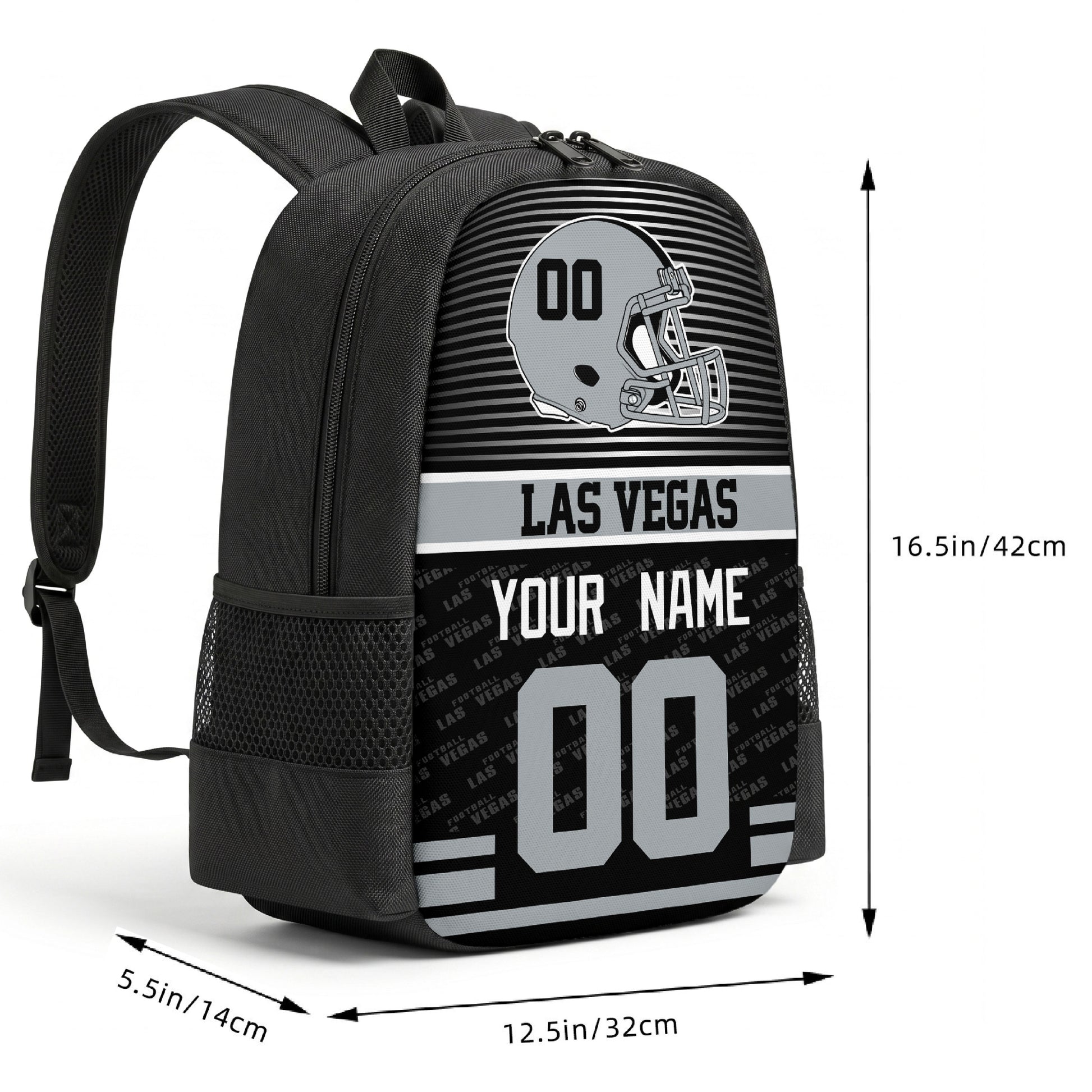 Las Vegas custom football backpack size chart 16.5 by 12.5 by 5.5 inches