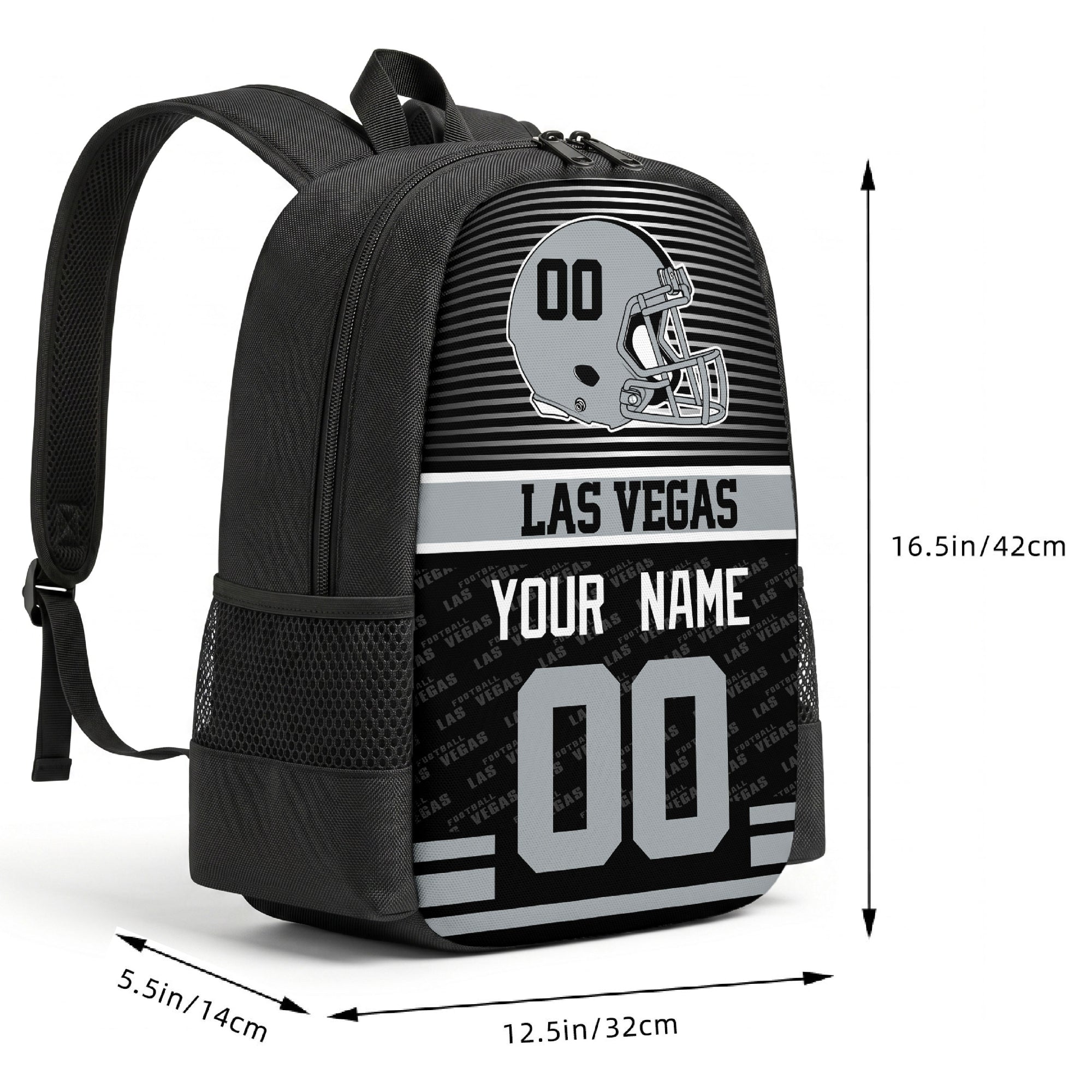 Las Vegas custom football backpack size chart 16.5 by 12.5 by 5.5 inches