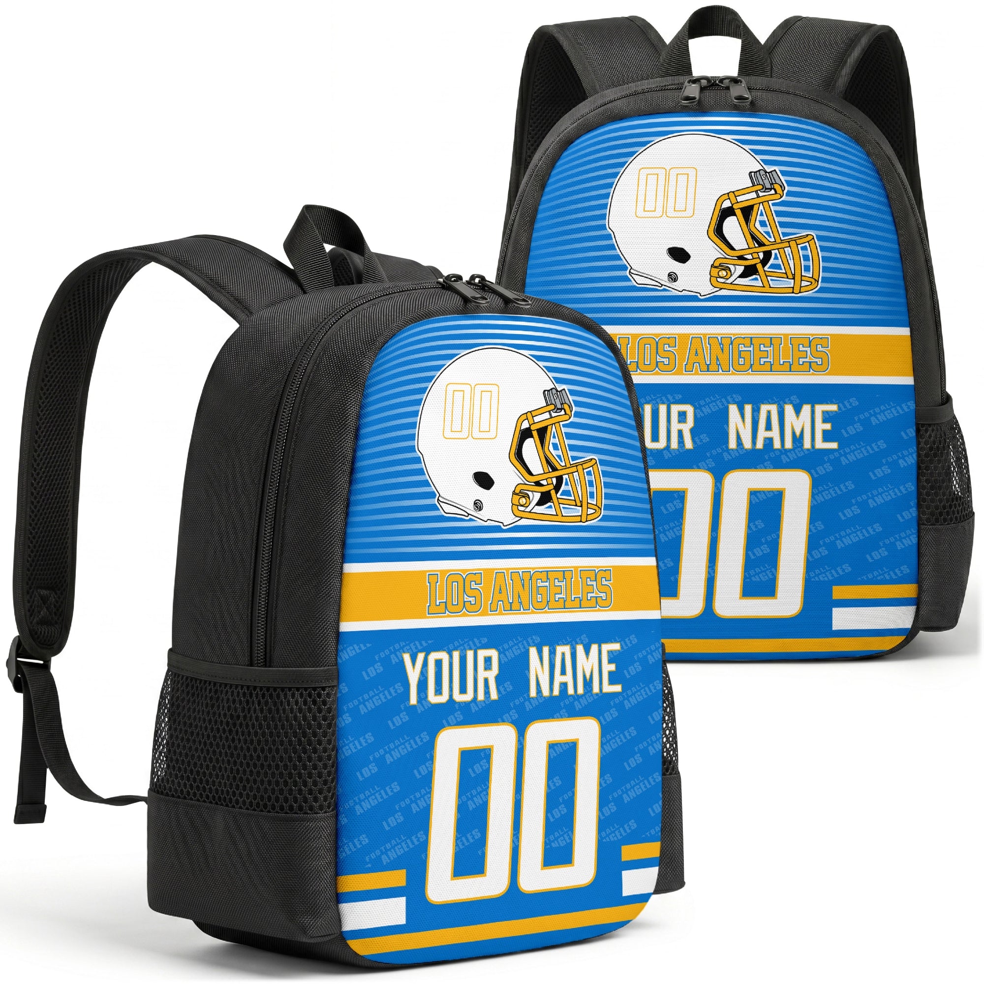 Custom football backpack in Los Angeles city colors with name and number