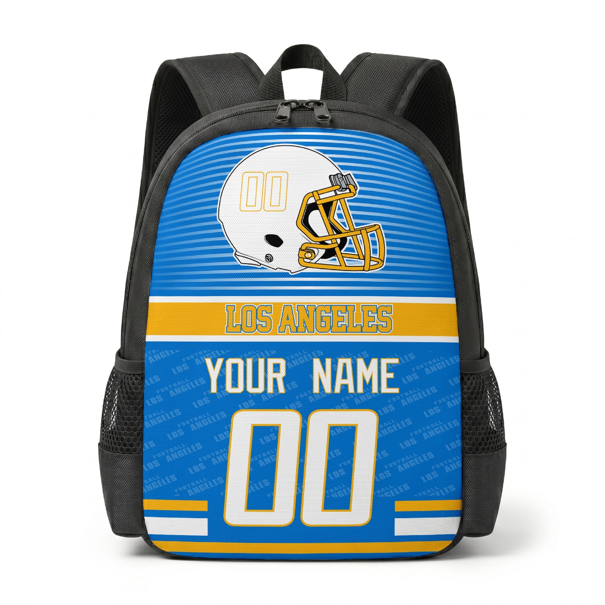 Los Angeles city color football backpack front view with helmet graphic