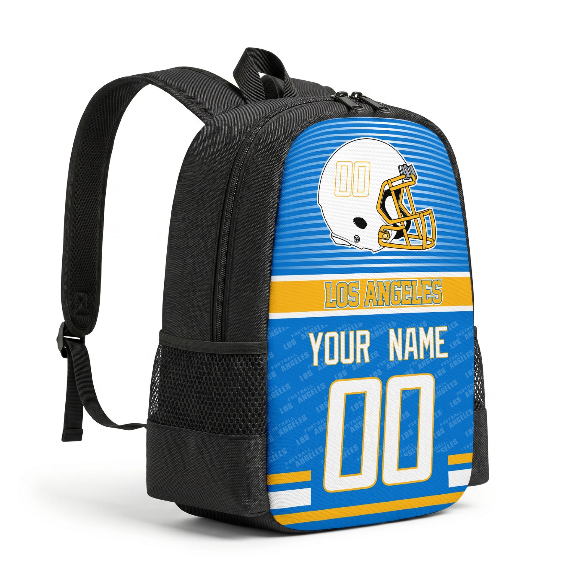 Los Angeles personalized football backpack angled view with black straps